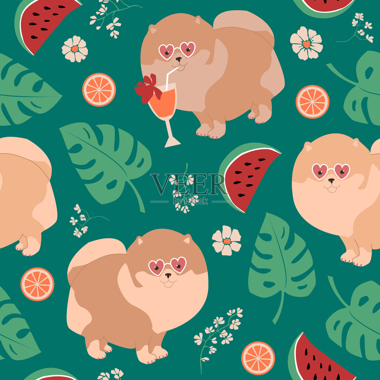 无缝矢量图案的狗博美，monstera叶子，西瓜，葡萄柚，花。用于面料、包装纸、壁纸。插画图片素材