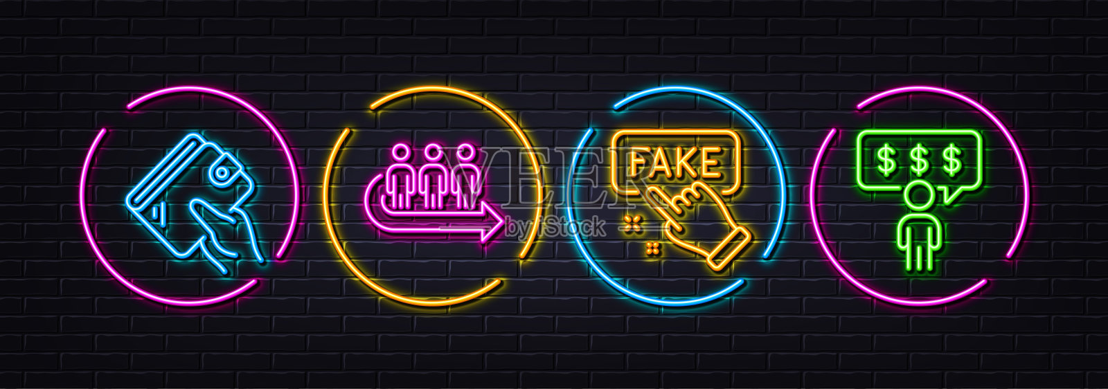 钱包，虚假信息和排队最小的行图标。对于web应用程序，打印。氖激光3d灯。向量插画图片素材