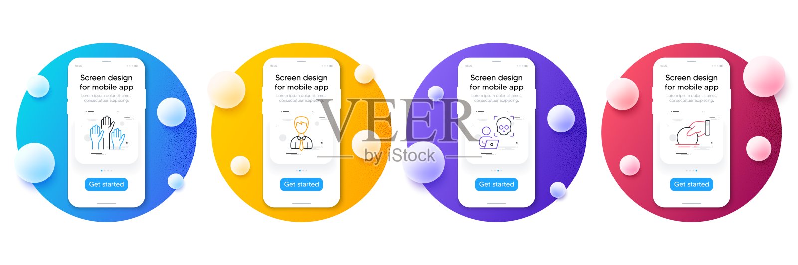投票之手、网络攻击和商人线性图标极简集，用于Web开发。矢量素材插画图片素材