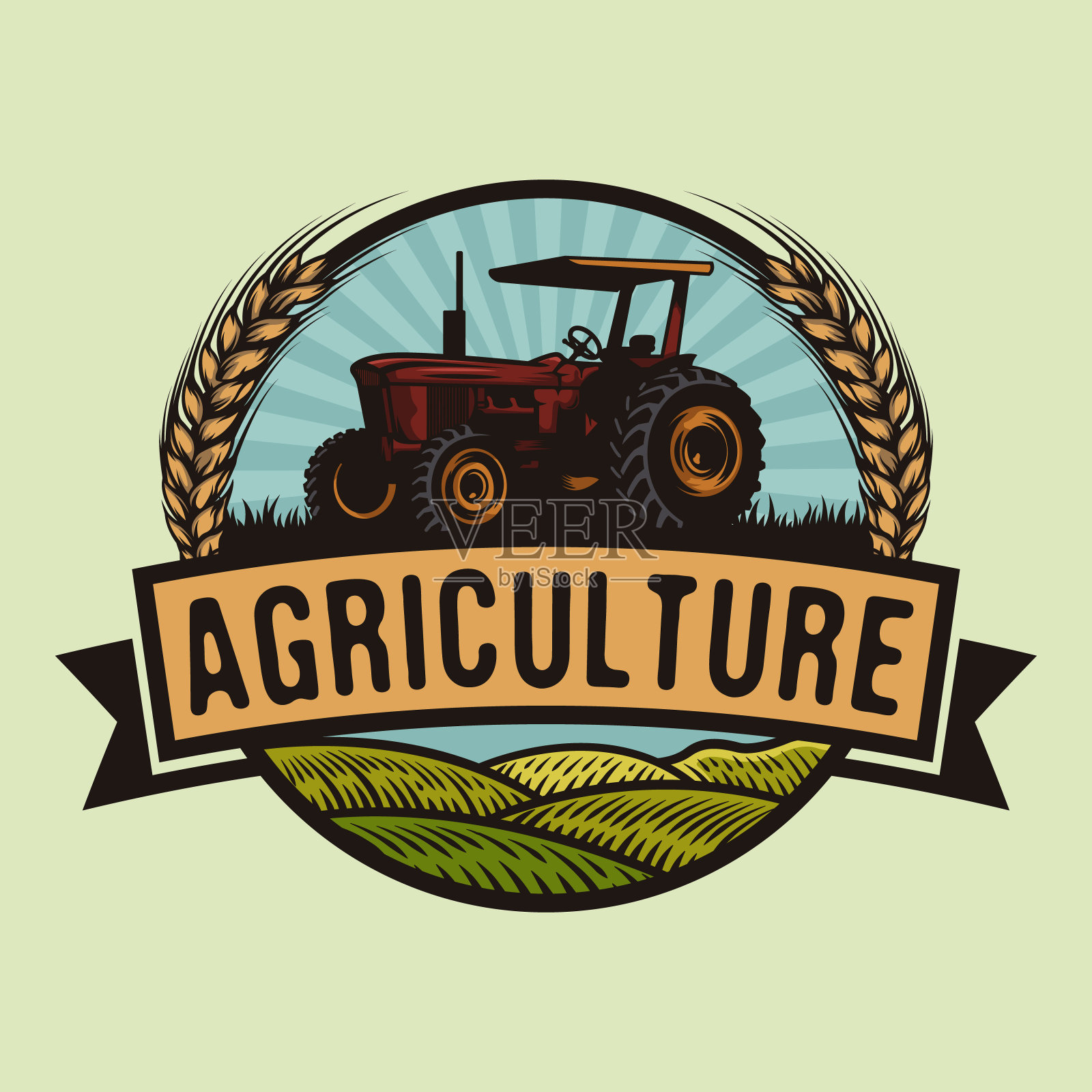 古农用拖拉机在滚动青山徽章设计插画图片素材