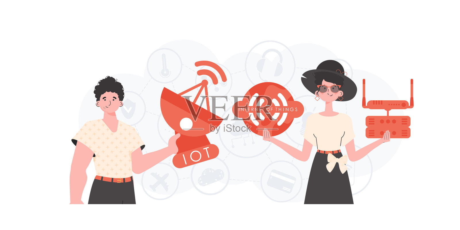 物联网的概念。女孩和男孩是物联网领域的一个团队。适用于网站和演讲。矢量插图。插画图片素材