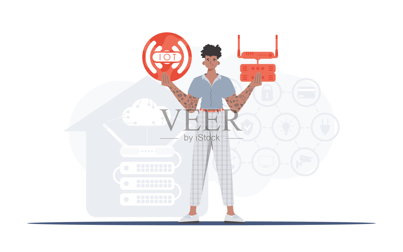物联网概念。一个男人手里拿着一个互联网图标。路由器和服务器。适合做演讲和网站。矢量插图在平面风格。插画图片素材