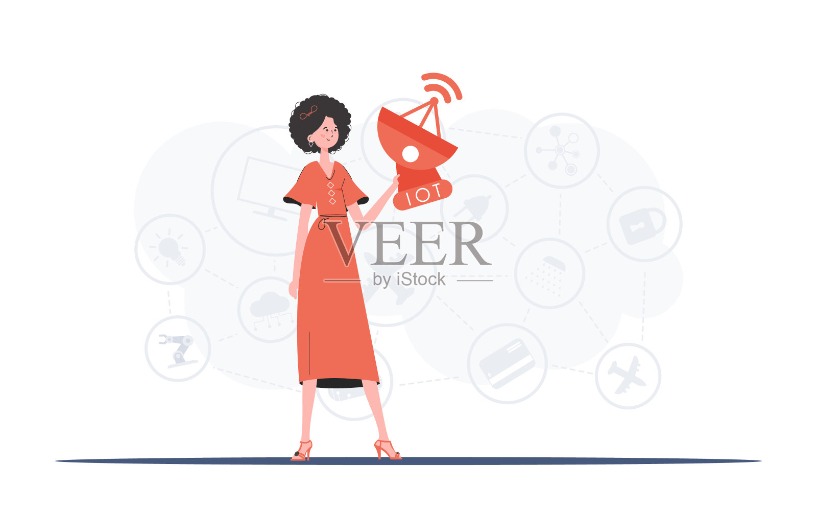 一个女人手里拿着一个卫星天线。物联网概念。适合做演讲和网站。矢量插图在平面风格。插画图片素材