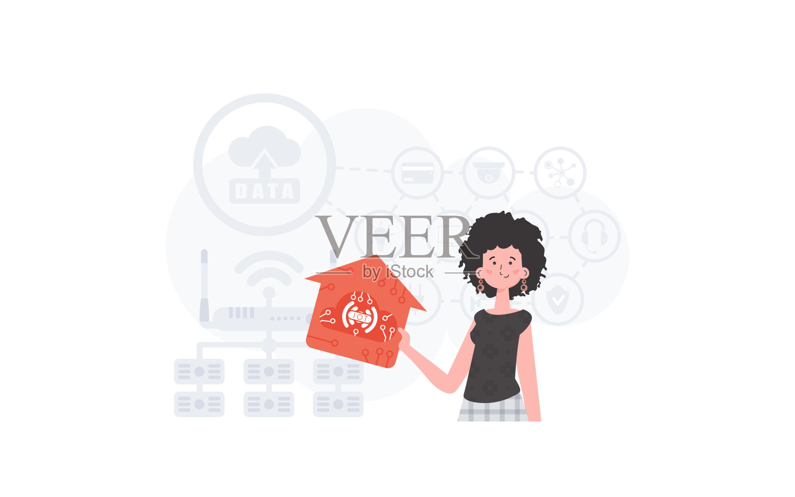 这名女子被描绘成齐腰深，手里拿着一座房子的图标。物联网和自动化概念。适合做演讲和网站。矢量插图在潮流的平面风格。插画图片素材