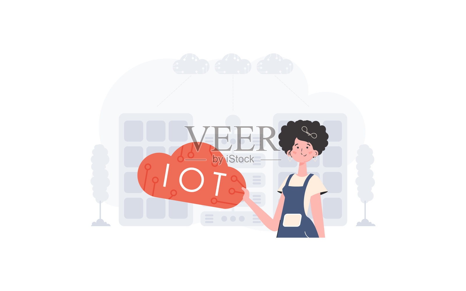 一个女人手里拿着一个互联网图标。物联网和自动化概念。适合做演讲和网站。矢量插图。插画图片素材