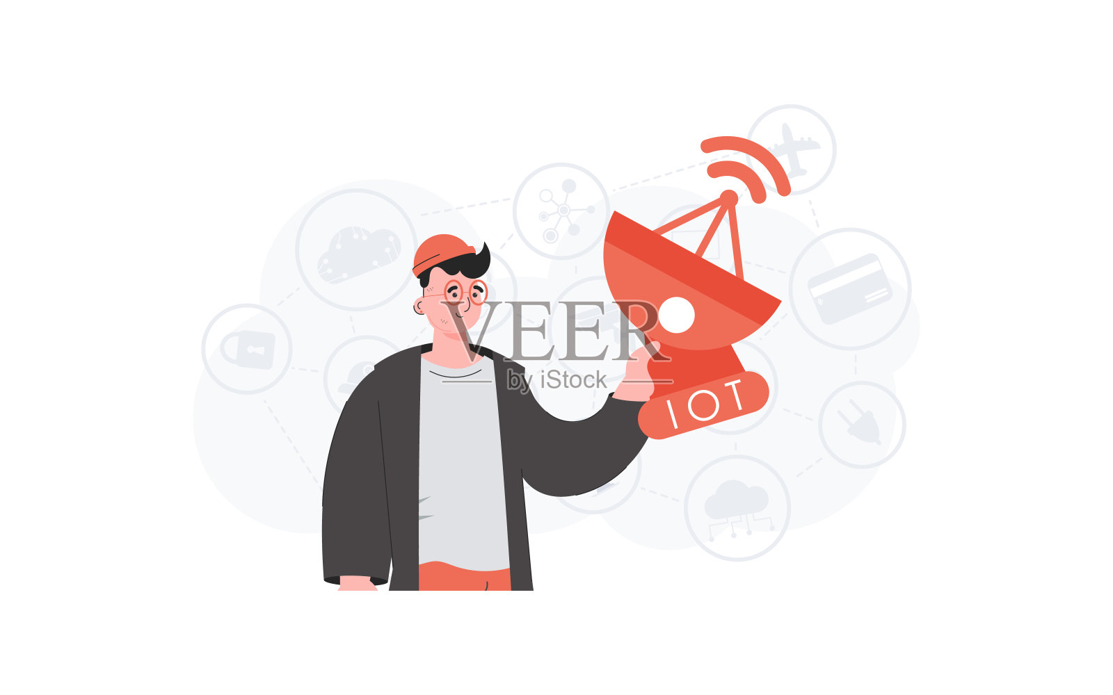 一个男人手里拿着一个卫星天线。物联网和自动化概念。适用于演讲、网站和排版。时髦的公寓风格。矢量插图。插画图片素材