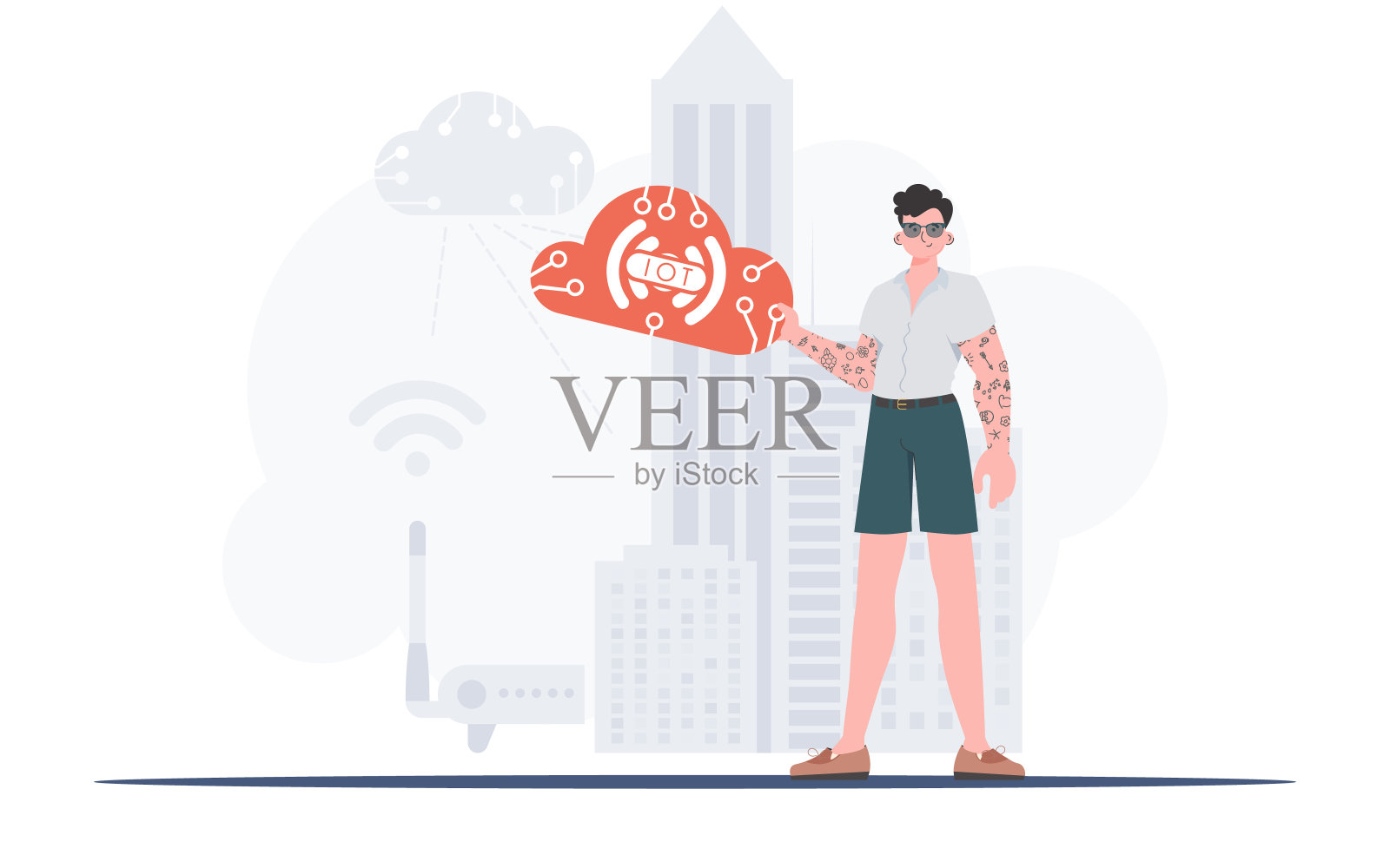 这家伙手里拿着一个互联网图标。物联网和自动化概念。适合做演讲和网站。矢量插图在潮流的平面风格。插画图片素材