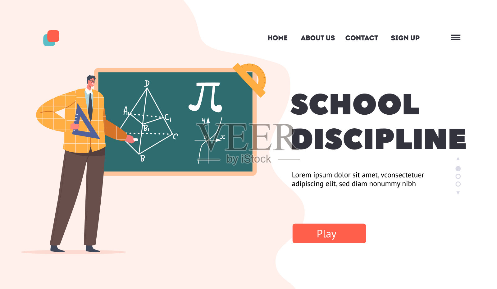 学校纪律登陆页面模板。老师拿着量角器站在黑板前给学生讲解几何插画图片素材