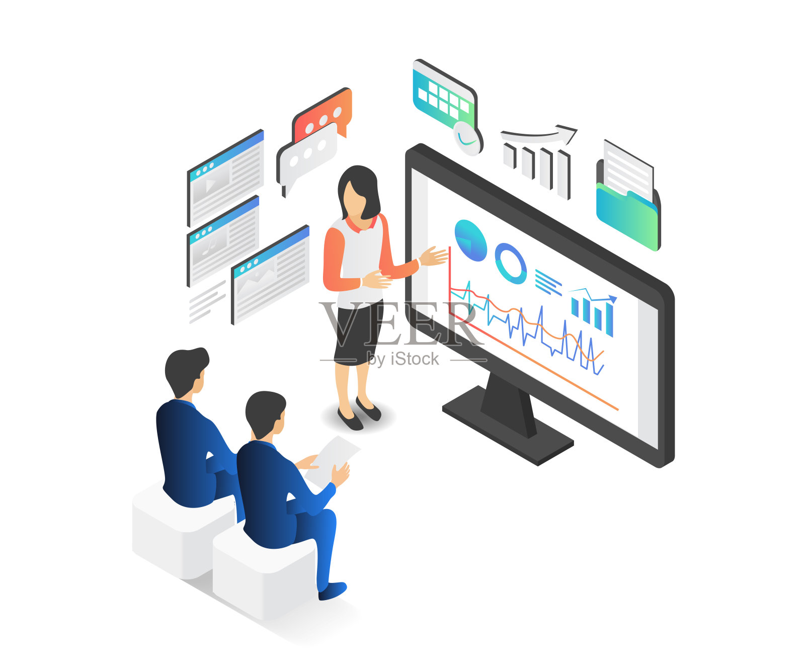 业务数据分析表示的等距风格说明插画图片素材