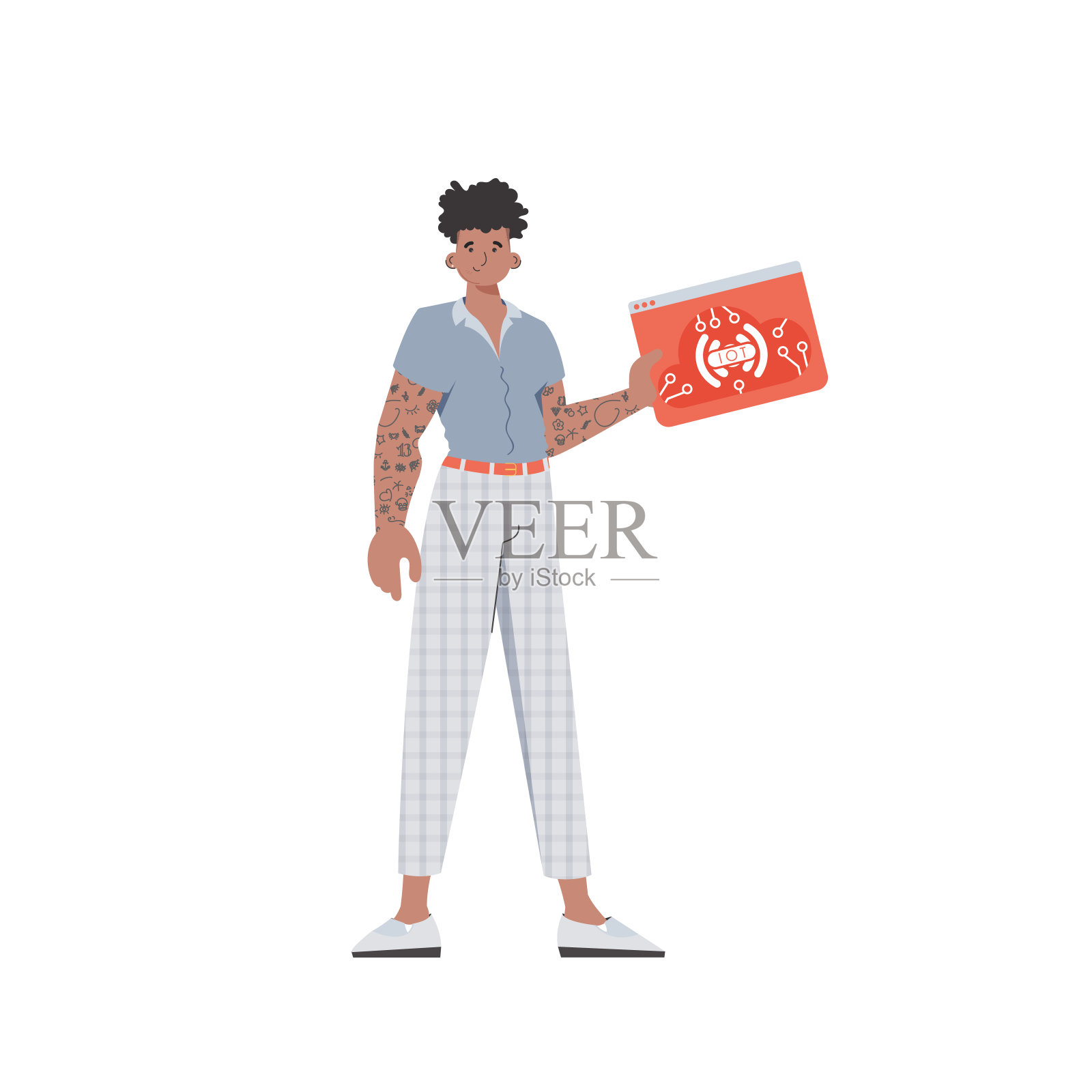 一名男子手里拿着一个物联网标识。物联网和自动化概念。孤立。矢量插图在潮流的平面风格。插画图片素材