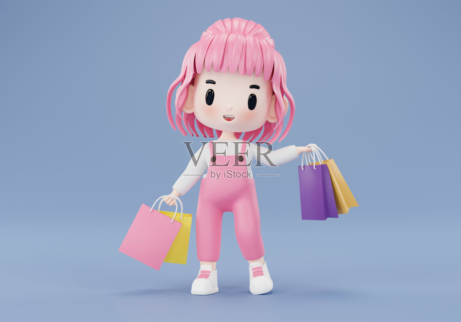 带购物袋的卡通人物。3 d演示。照片摄影图片