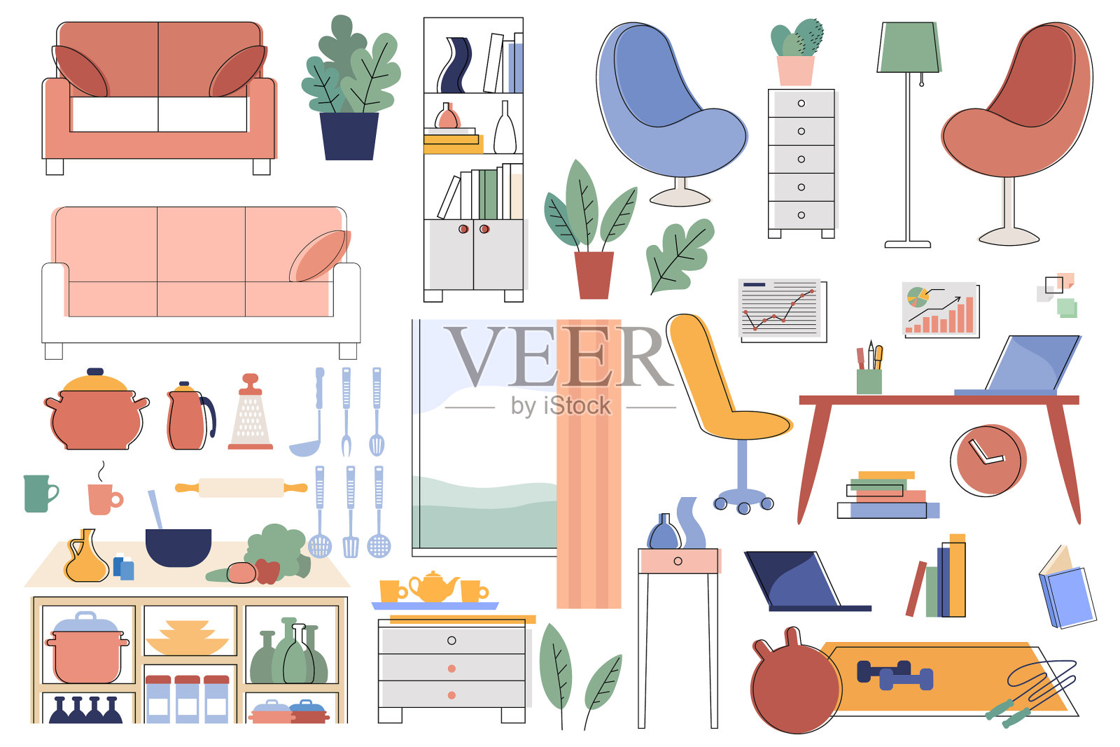 家具和室内项目扁套图标素材