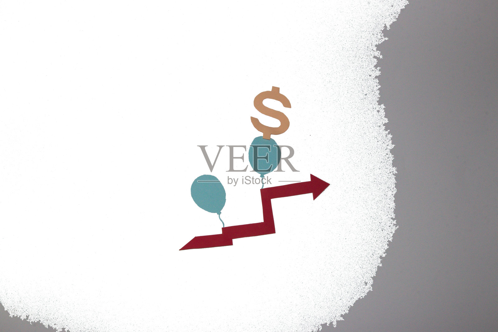 通货膨胀创意艺术设计，红色箭头和气球携带美元标志，白灰背景，金钱失去价值照片摄影图片