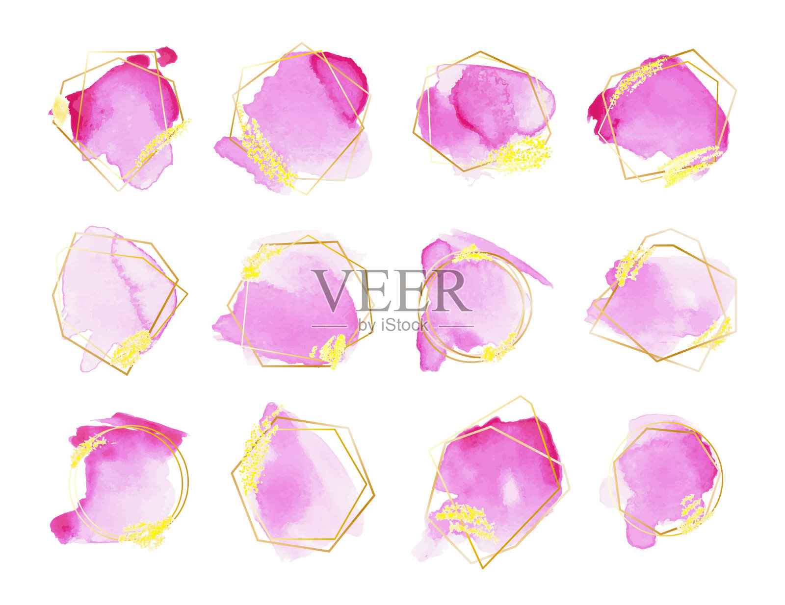 集水彩斑点与黄金框架插画图片素材