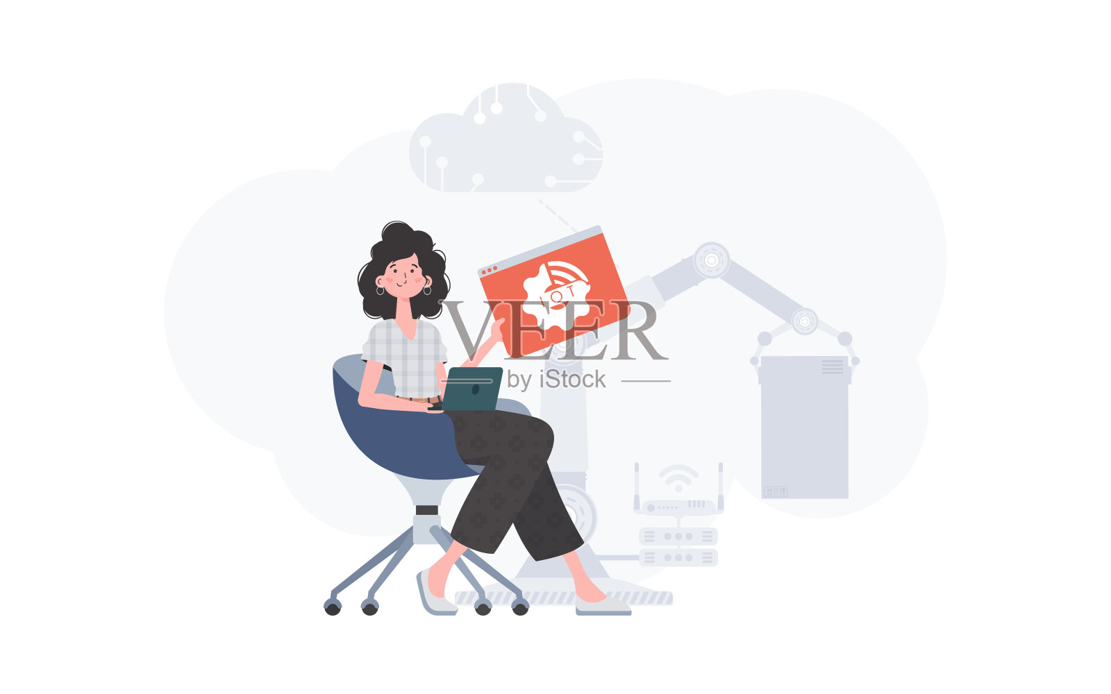 一个女人手里拿着一个互联网图标。物联网概念。适合做演讲和网站。矢量插图。插画图片素材