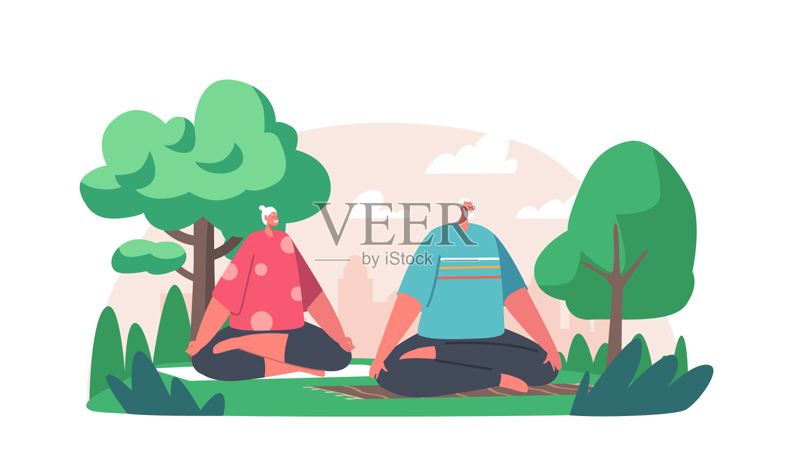 老年夫妇在城市里做瑜伽设计元素图片