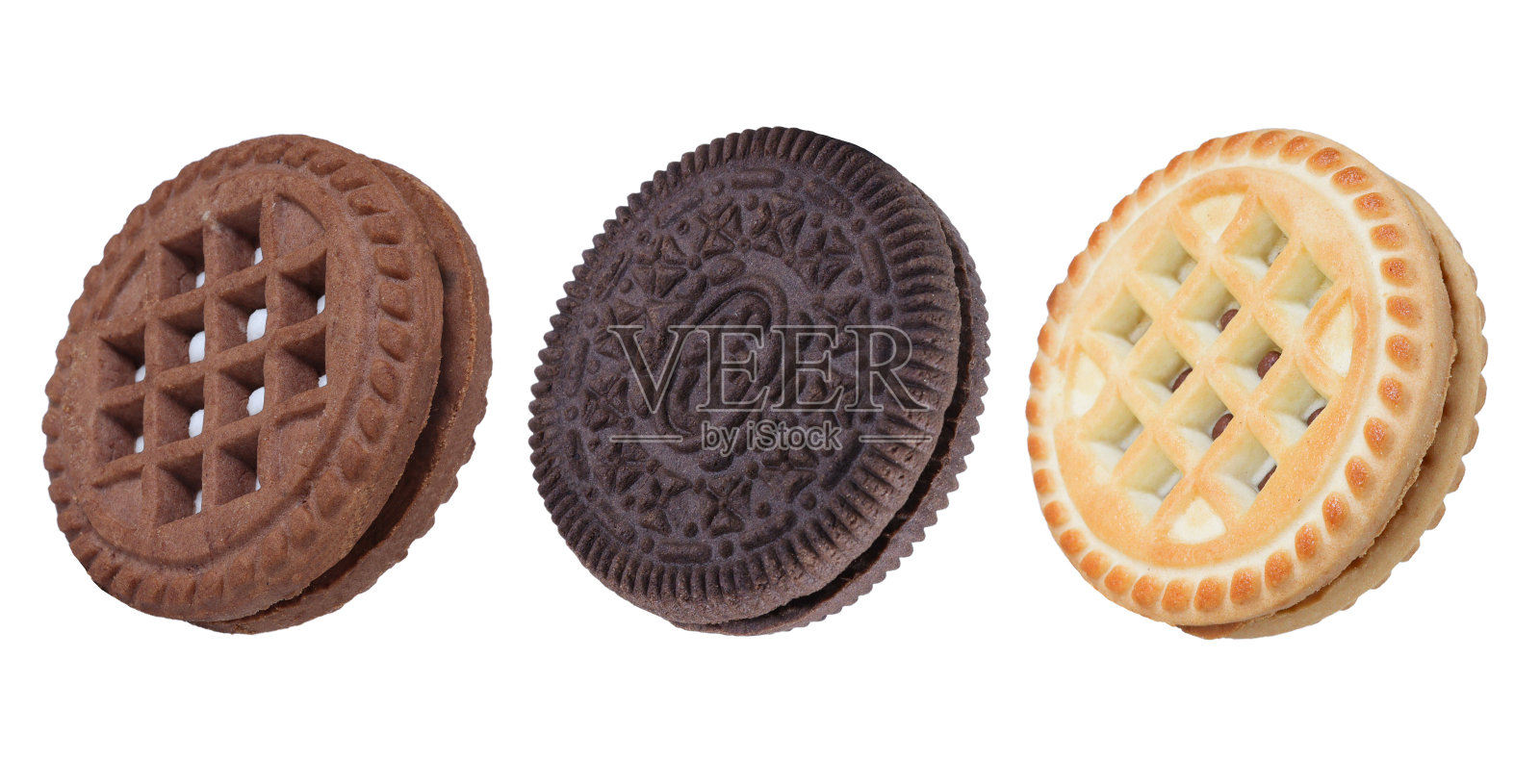 不同种类的夹心饼干放在一个孤立的白色背景上。巧克力香草夹心饼干照片摄影图片