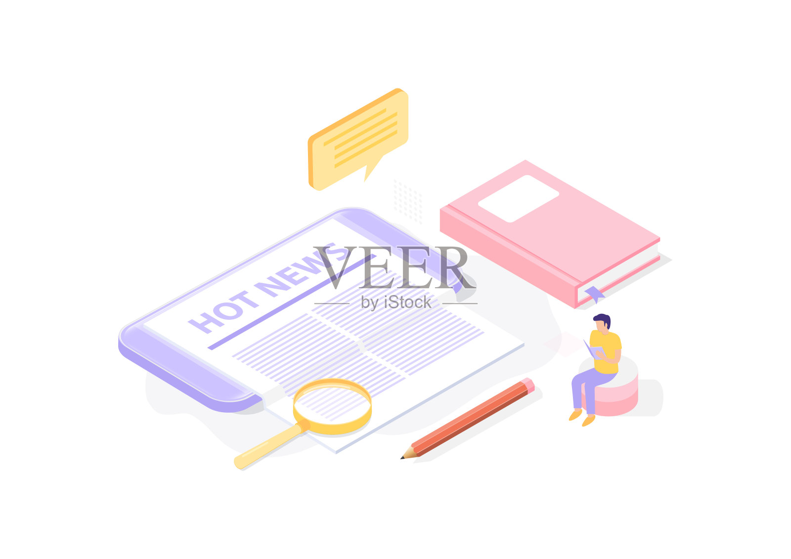 概念模板与报纸在智能手机和放大镜。场景移动应用，用于阅读新闻，订阅时事通讯。现代等距插画图片素材