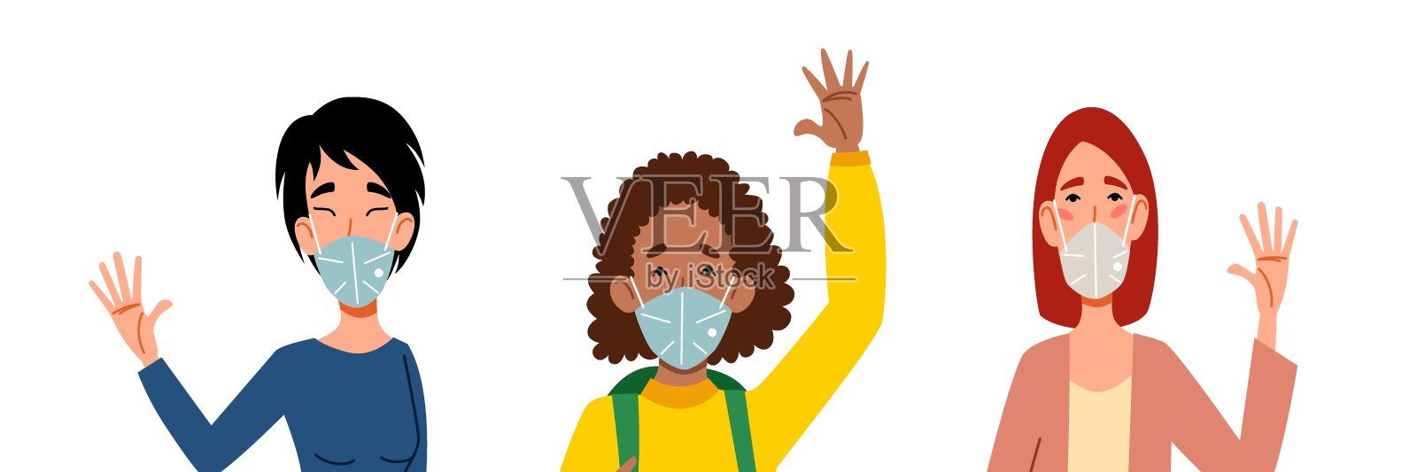 戴着医用口罩的时髦女性向你问好。插画图片素材