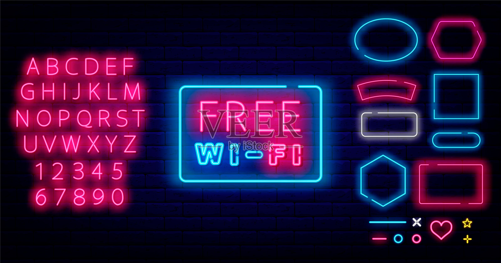 免费wifi霓虹灯。明亮的互联网标签的咖啡馆和酒吧。闪亮的粉红色的字母表。向量股票插图插画图片素材
