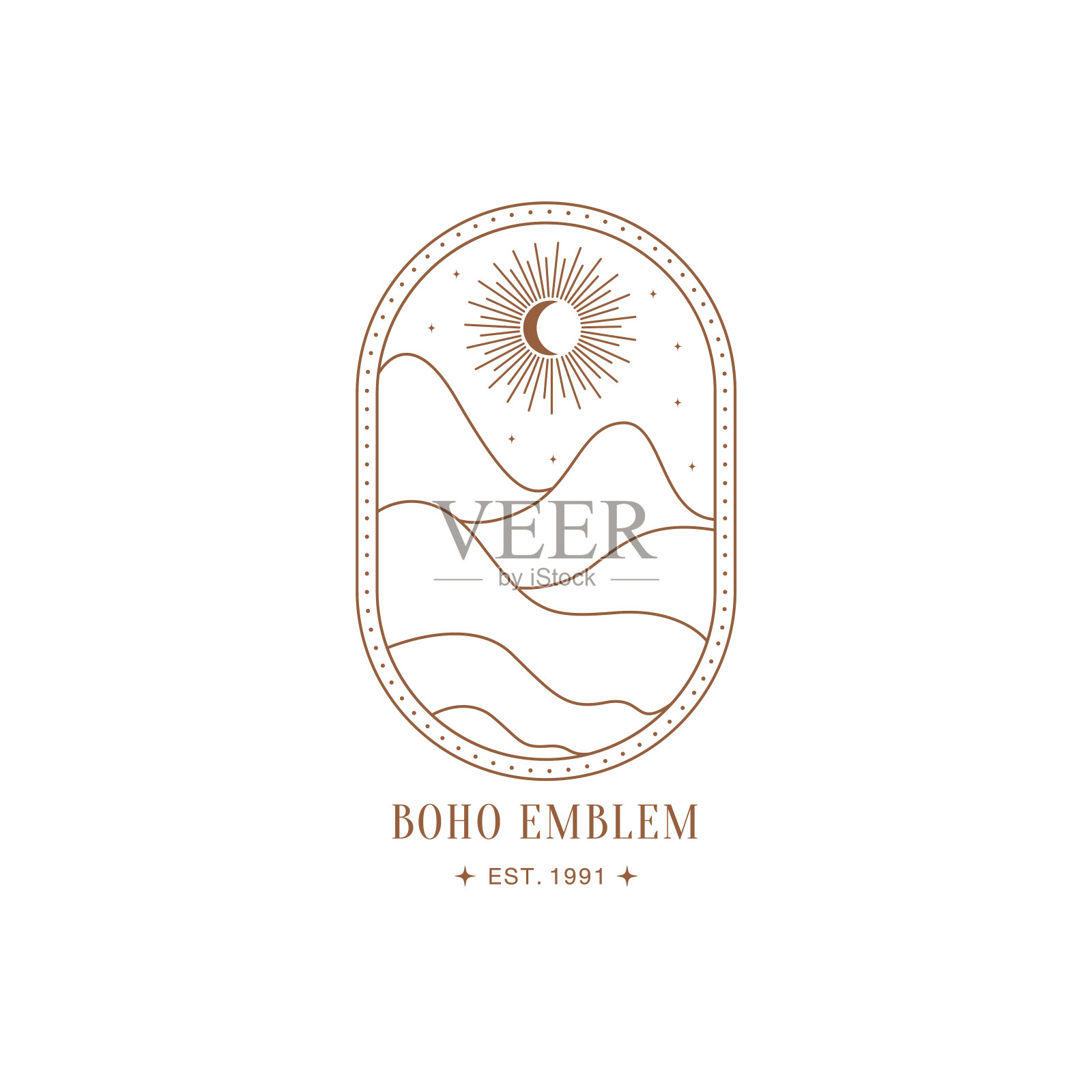 最小波西米亚景观标志在线性风格。月亮和太阳的概念。山脉、自然、太阳和太阳爆发。设计元素图片