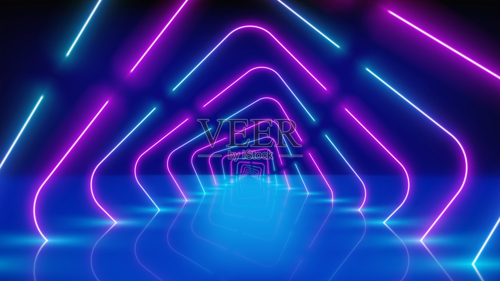 发光的霓虹灯线，隧道，街机，舞台。技术背景抽象，虚拟现实。粉红蓝紫走廊霓虹广场拱门，透视。紫外线明亮的光芒。矢量图插画图片素材