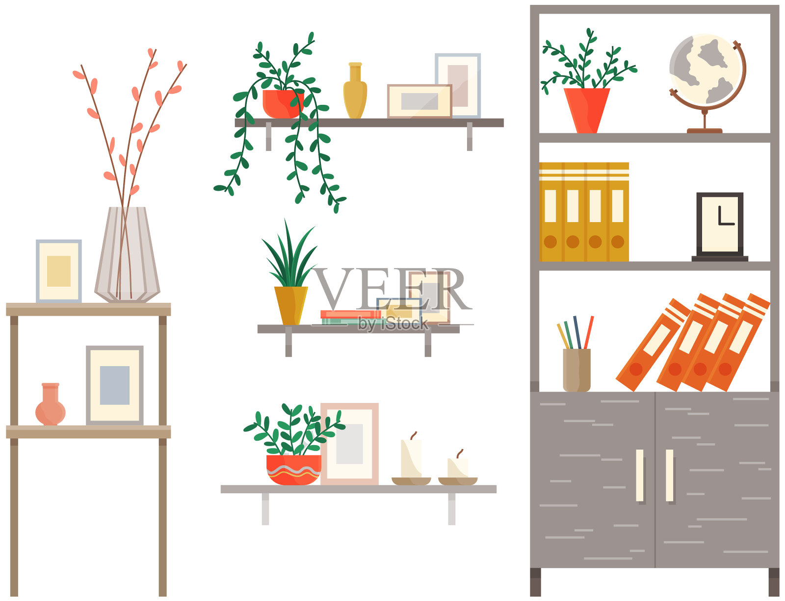 有室内装饰的木制橱柜和架子插画图片素材