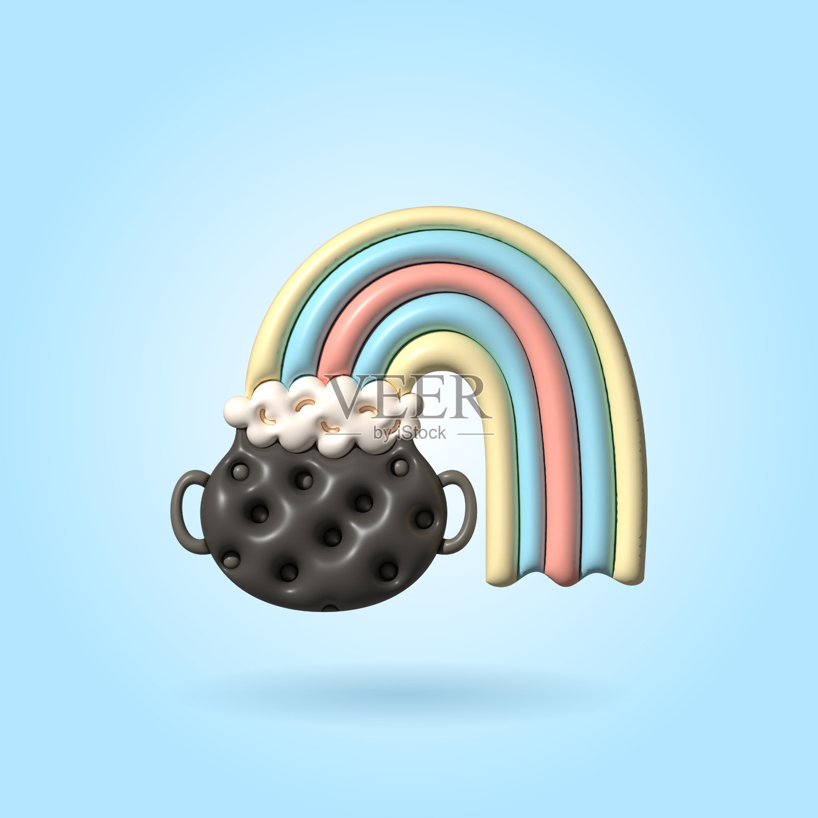 卡通魔法坩埚与泡沫和彩虹，体积充气3D插图。照片摄影图片