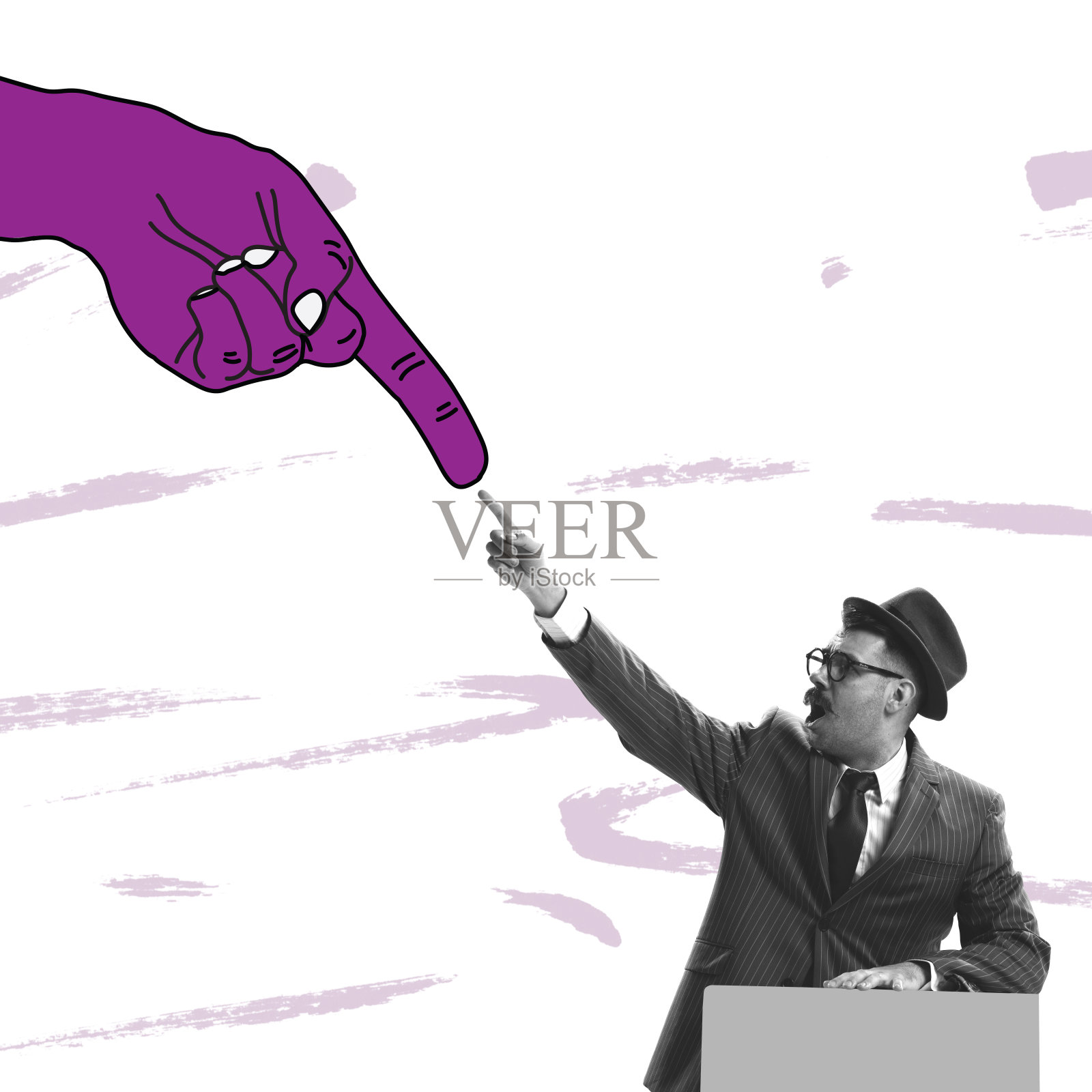 一个穿着五六十年代时尚风格的灰色条纹西装的男子，商人在浅色的背景上触摸大彩绘手指。当代艺术拼贴照片摄影图片