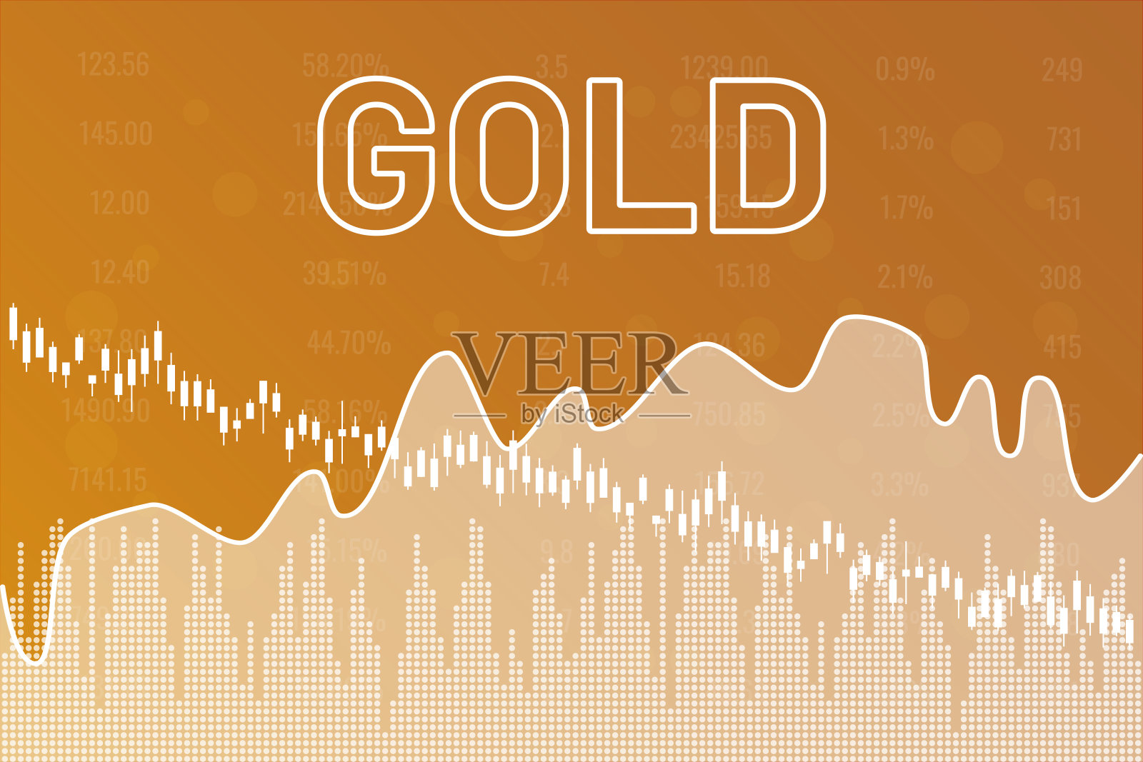 黄金字在黄色金融背景与列，行，烛台，数字。全球经济的概念插画图片素材