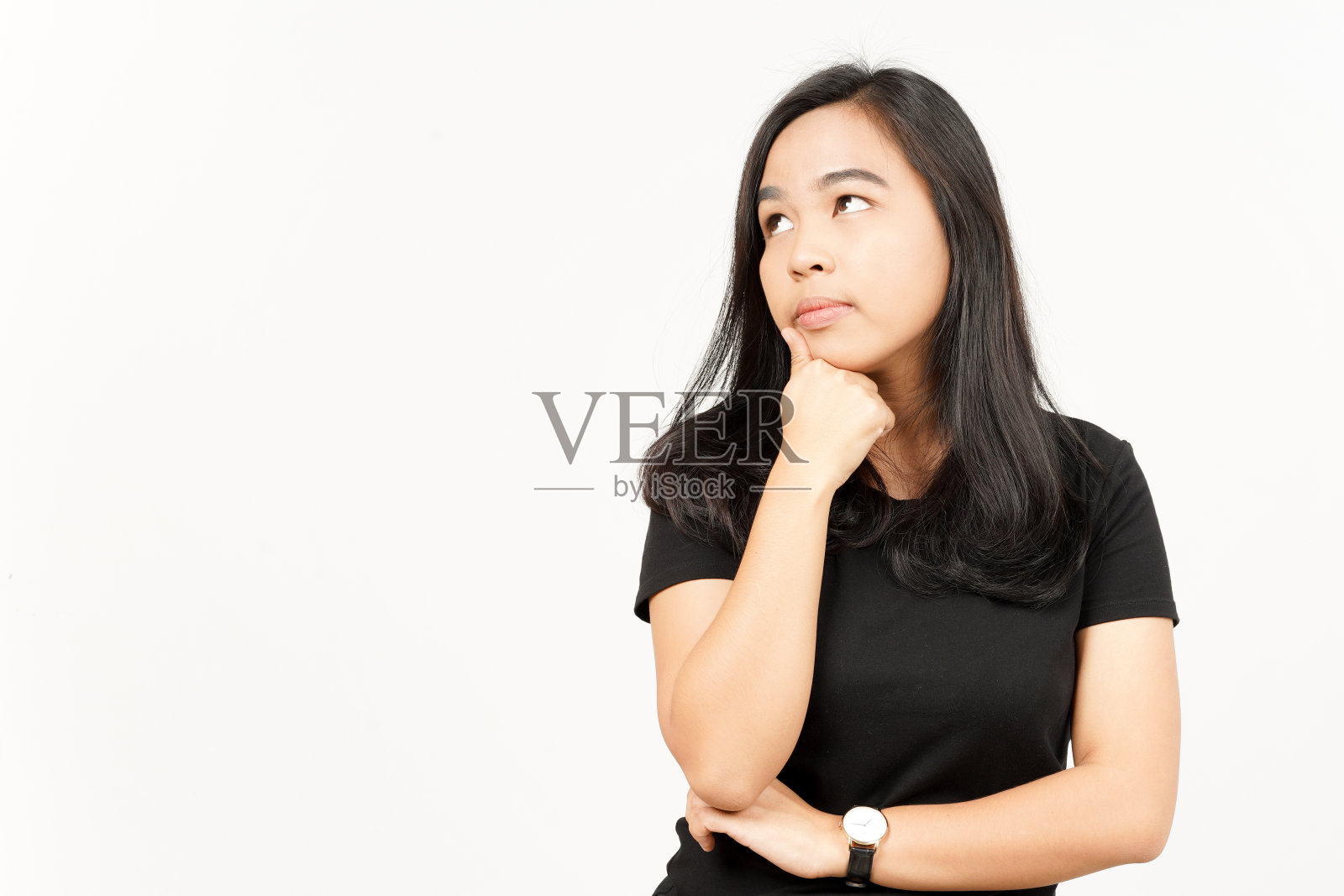孤立在白底的亚洲美女的思考手势照片摄影图片