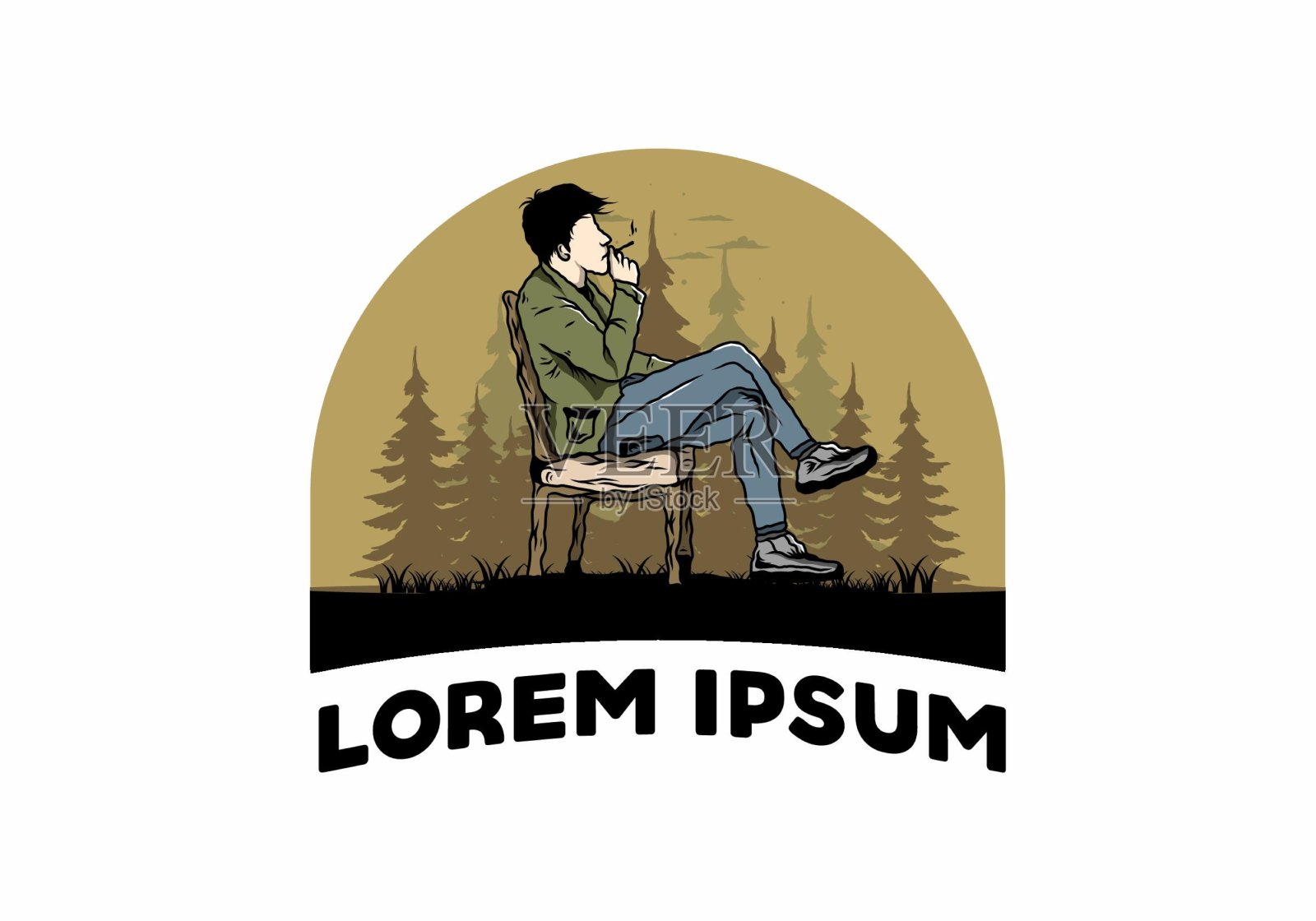 男人坐在椅子上抽烟的插图插画图片素材