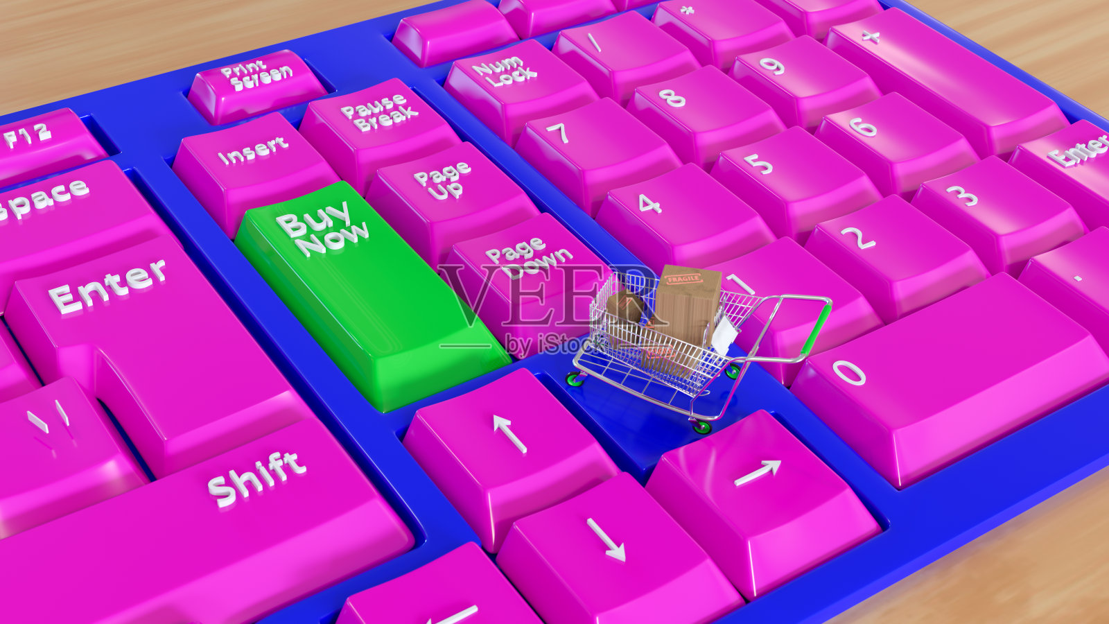 网上购物配送服务理念。购物车里的棕色纸盒，笔记本电脑键盘放在办公室背景的木桌子上。简单的购物。三维渲染照片摄影图片