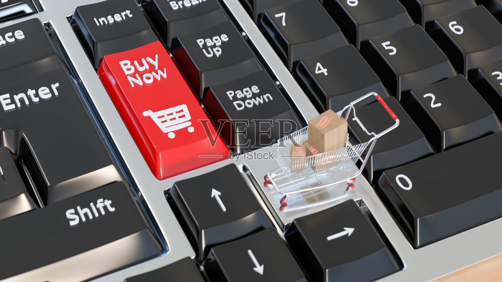网上购物配送服务理念。购物车里的棕色纸盒，笔记本电脑键盘放在办公室背景的木桌子上。简单的购物。三维渲染照片摄影图片