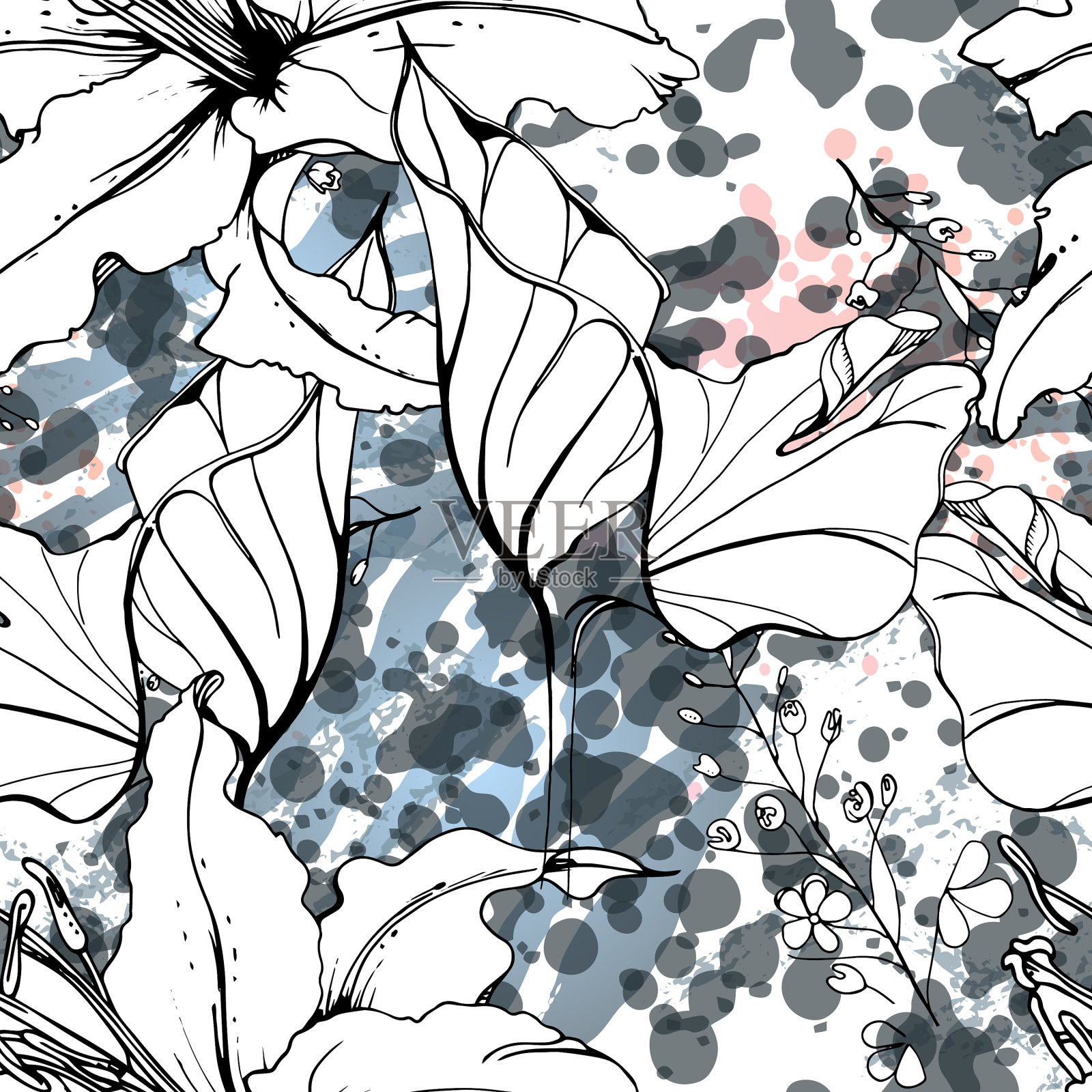花黑白图案现代水彩插画图片素材