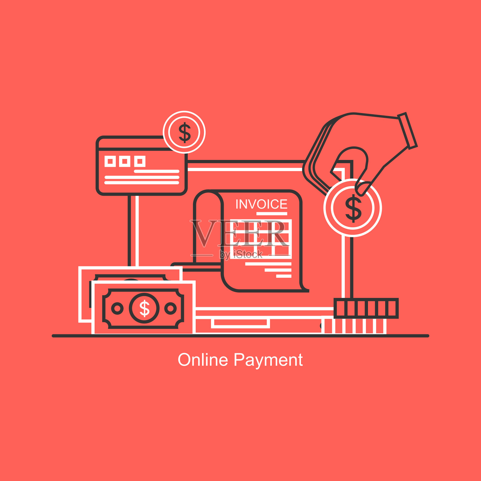 在线支付概念，笔记本电脑与电子发票，金融交易扁线插图插画图片素材