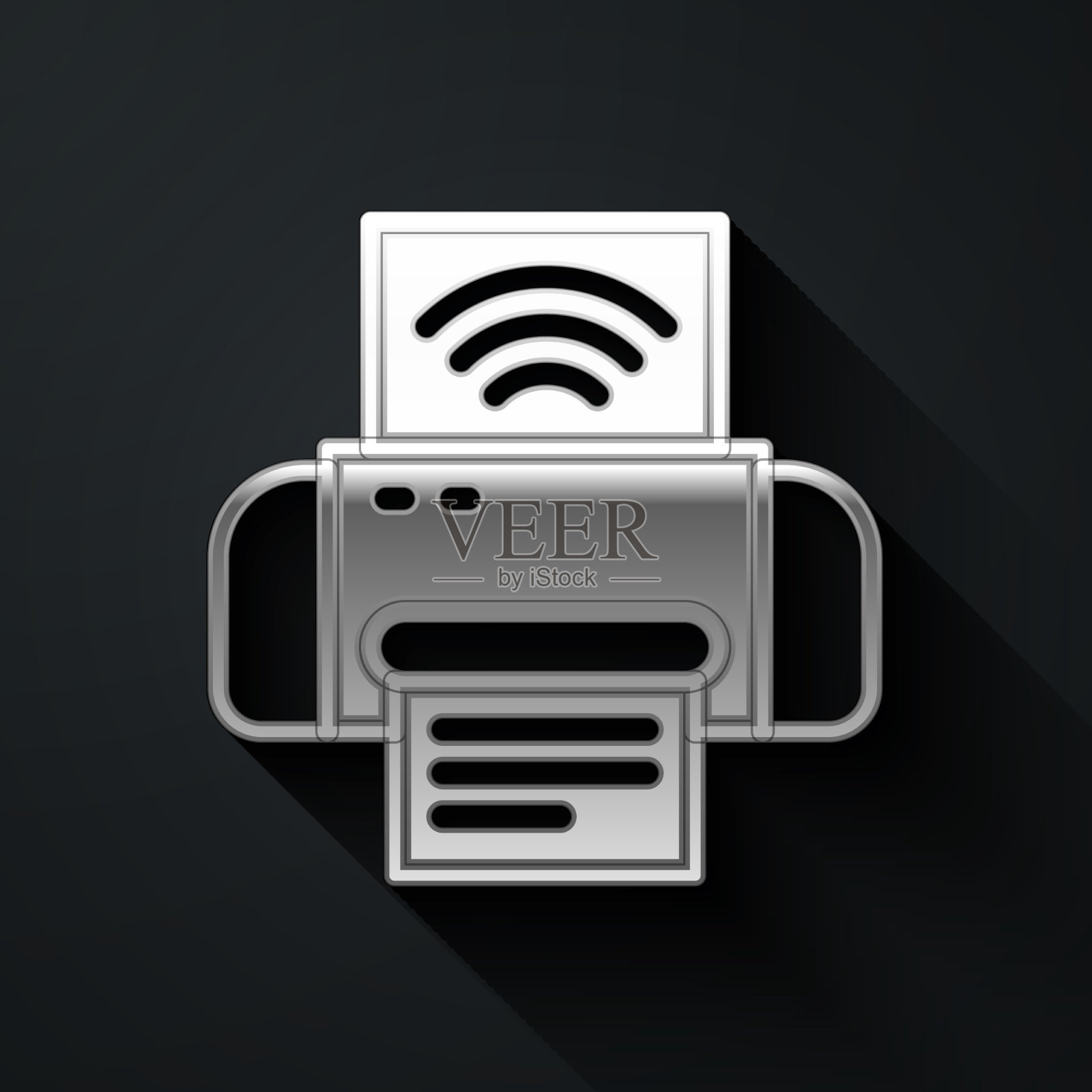 银色智能打印机系统图标隔离在黑色上插画图片素材