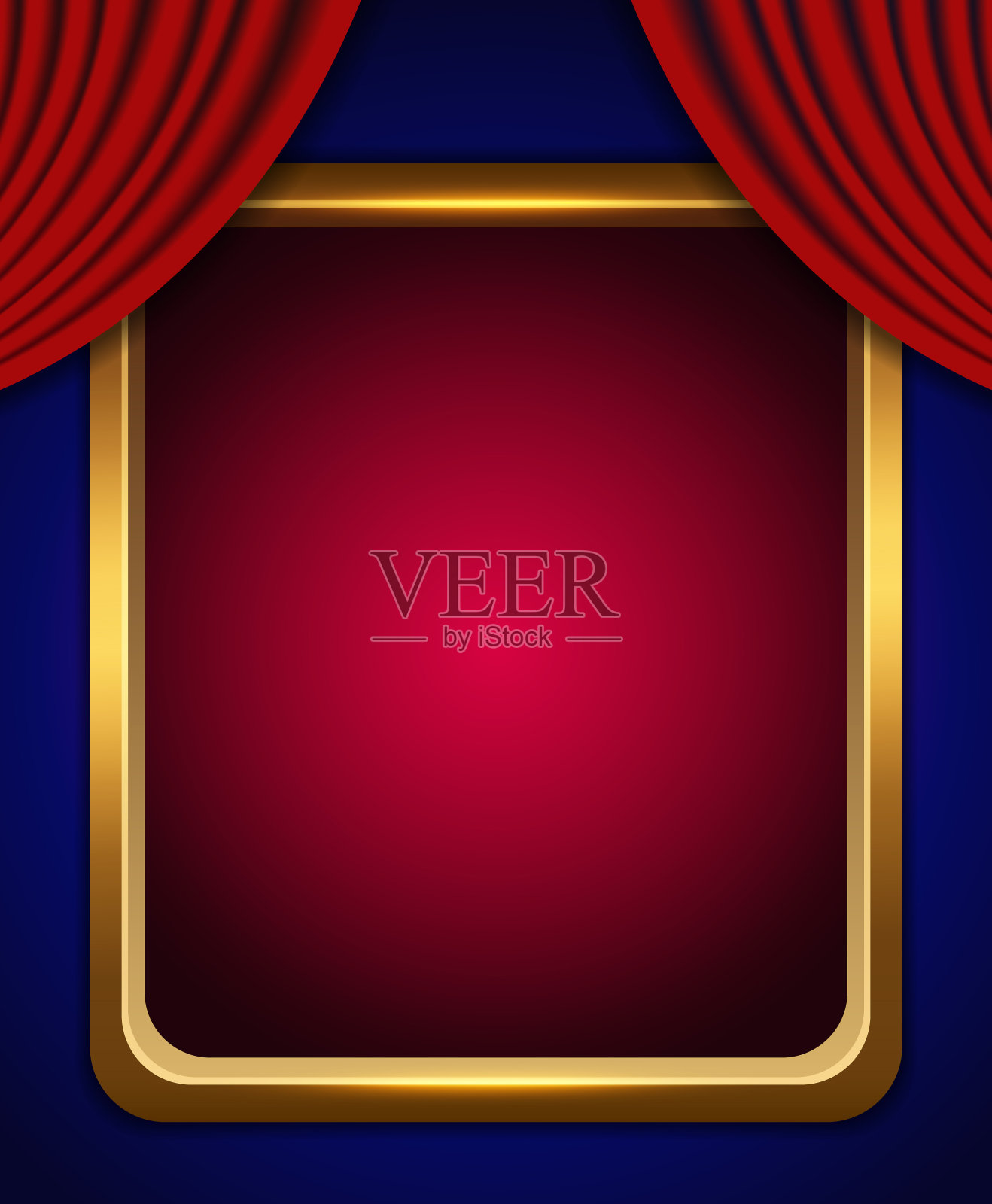 矢量插图方形金色框架在深蓝色背景与红色窗帘插画图片素材