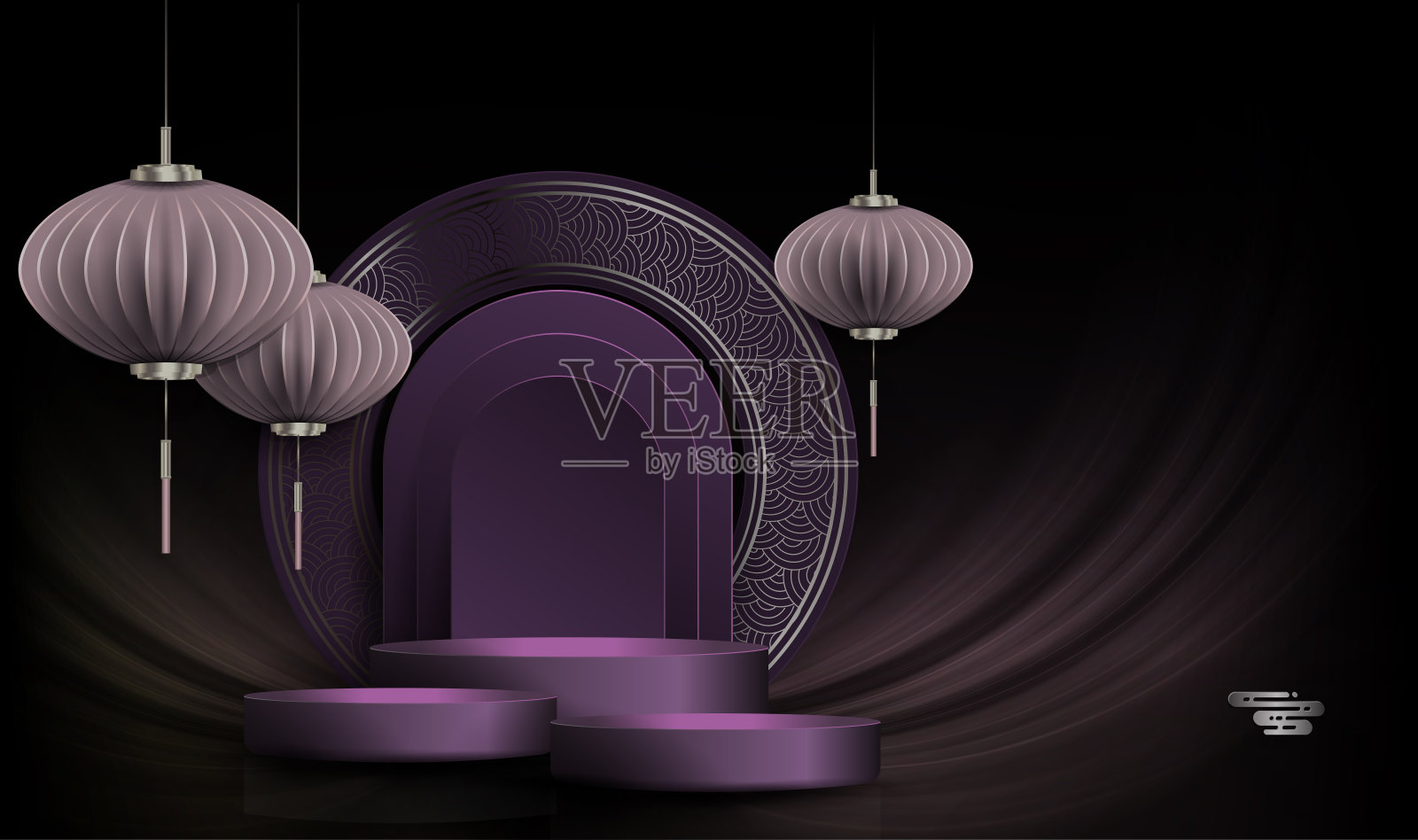 以纸艺术风格的圆框、讲台和灯笼组成插画图片素材