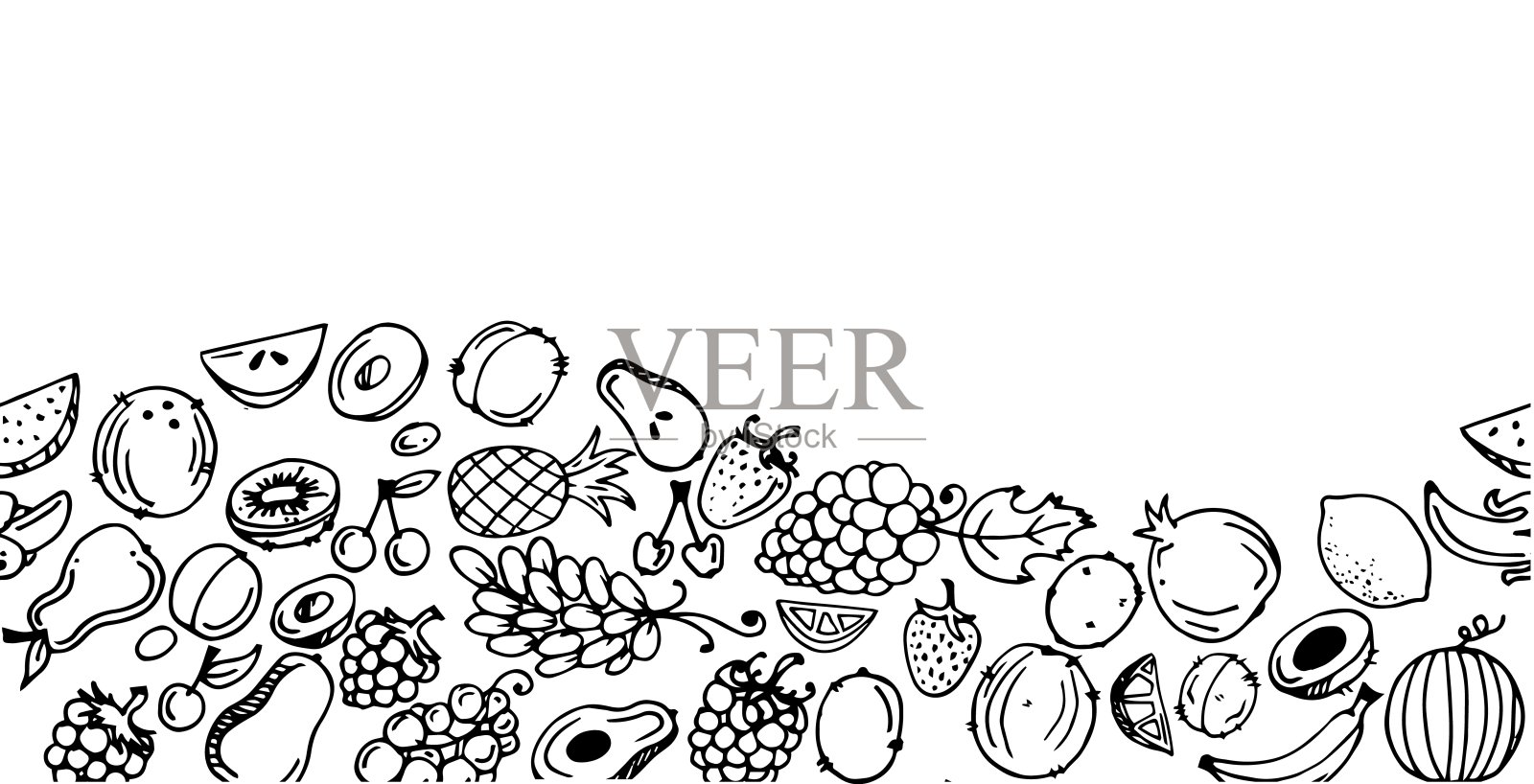 花园的水果。底部边界在边缘。连续无缝的照片。食用植物。单色画。手绘轮廓。孤立在白色背景。向量插画图片素材