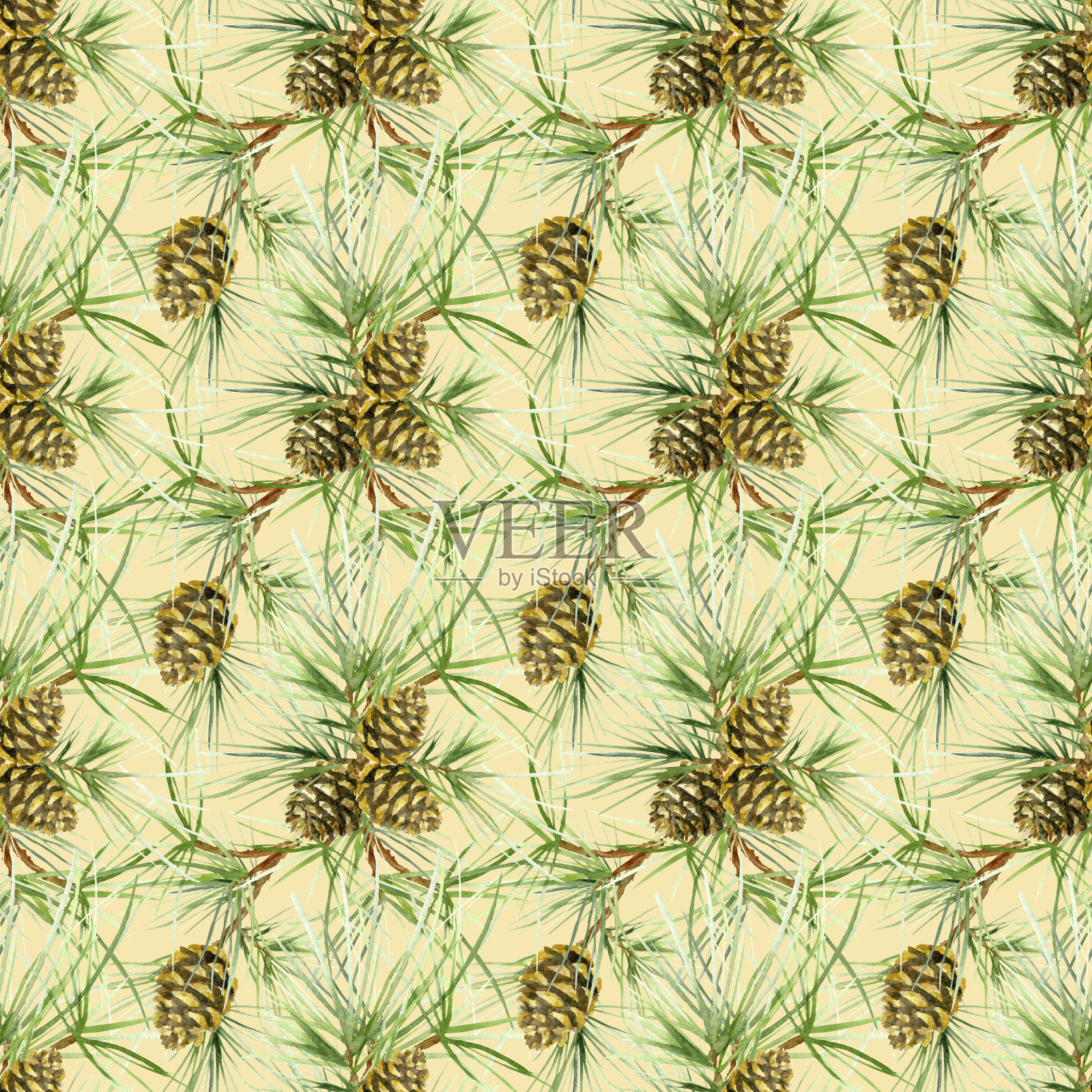 有松果和针叶的松树树枝的无缝图案。水彩插图孤立在米色背景插画图片素材