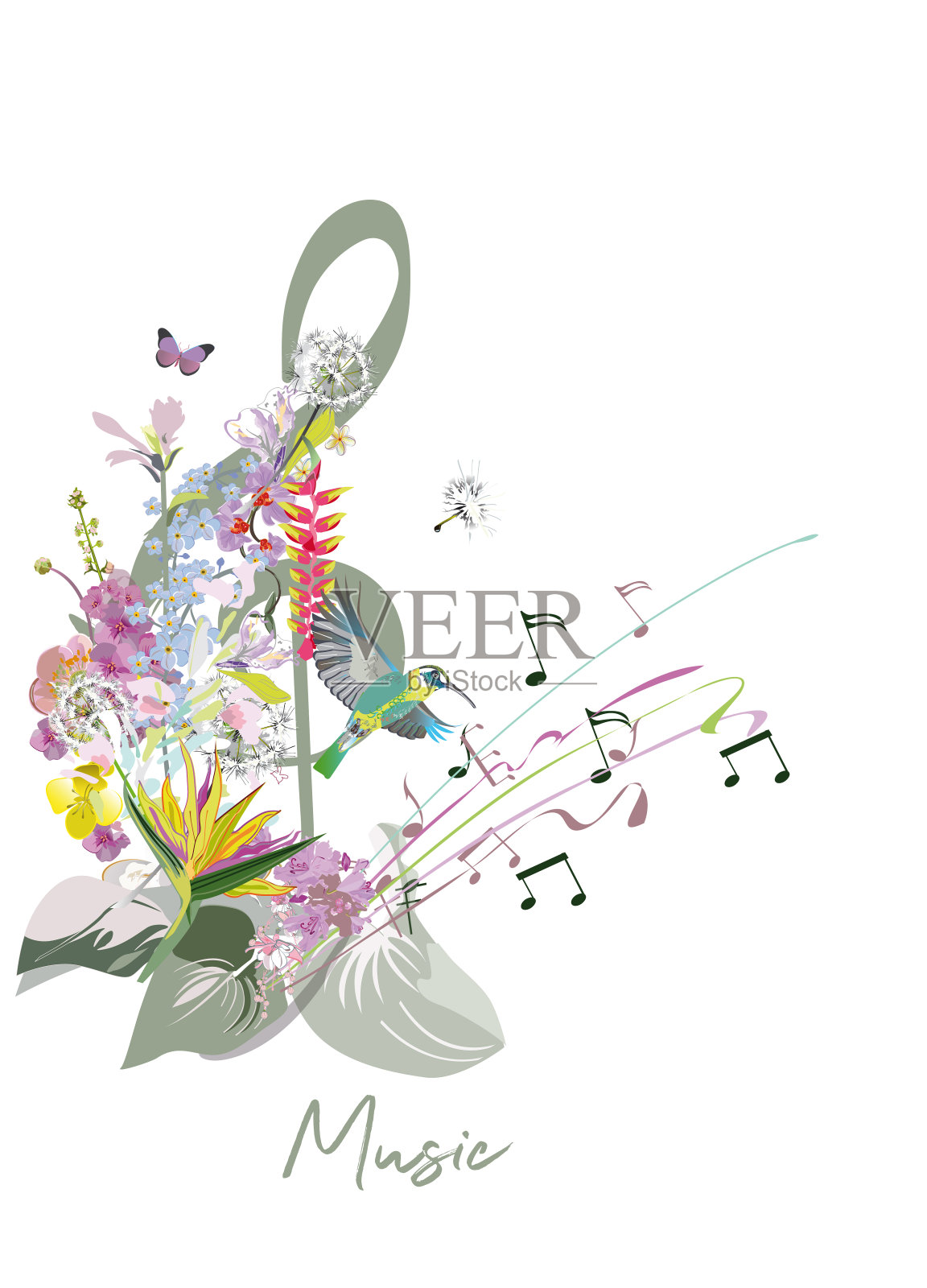 抽象自然高音谱号饰以夏、春花、鸟语。轻松放松的音乐。插画图片素材