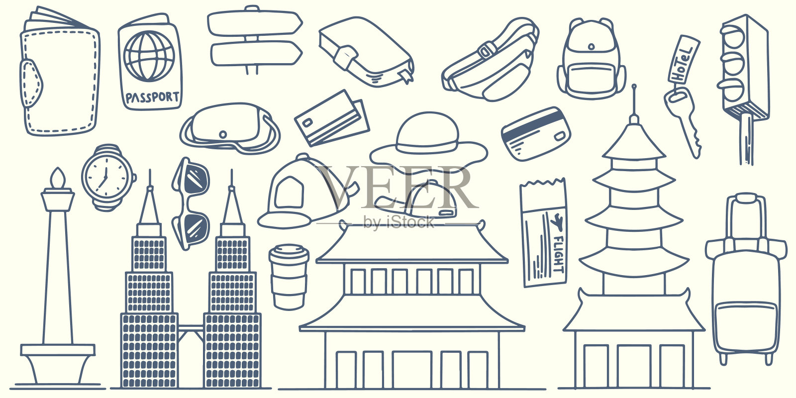 手画涂鸦旅游元素环游亚洲旅游与旅游设备，标志性的塔，寺庙，宫殿，护照，帽子和包孤立在白色背景。插画图片素材