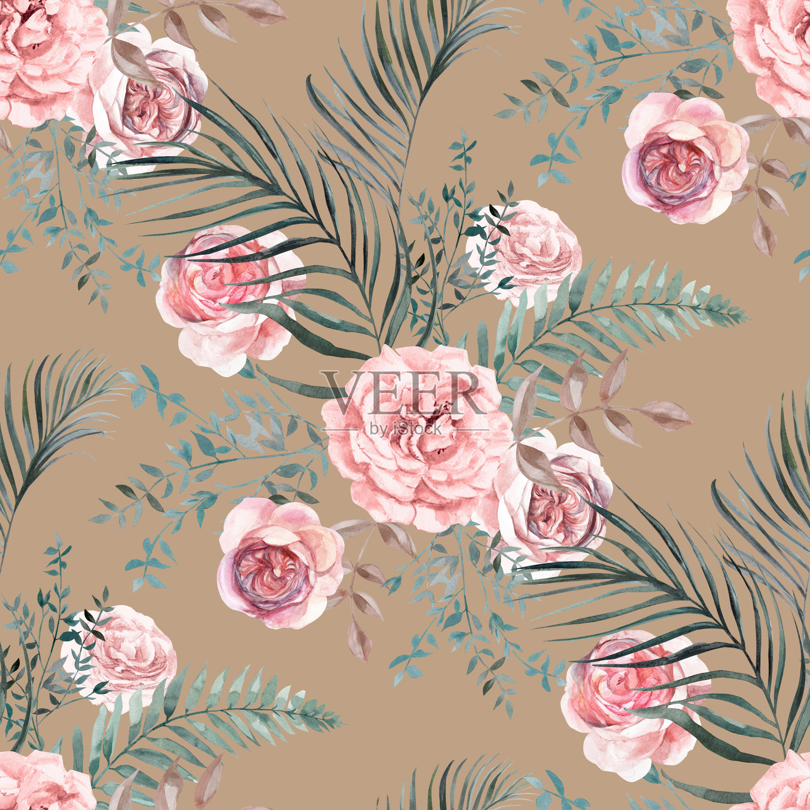 无缝水彩图案与一束玫瑰和热带干花波西米亚风格插画图片素材