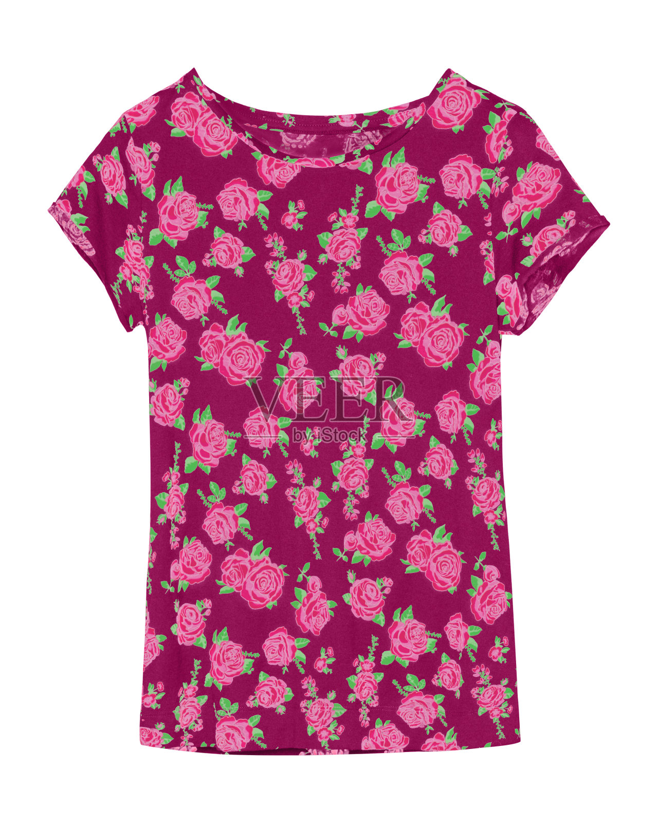 酒红色花t恤与粉红色玫瑰孤立在白色背景照片摄影图片