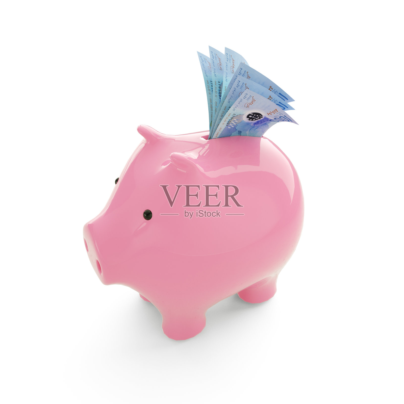 1000马尔代夫rufiyaa在粉红色的存钱罐里，存钱罐里的钱，储蓄概念，3d渲染照片摄影图片