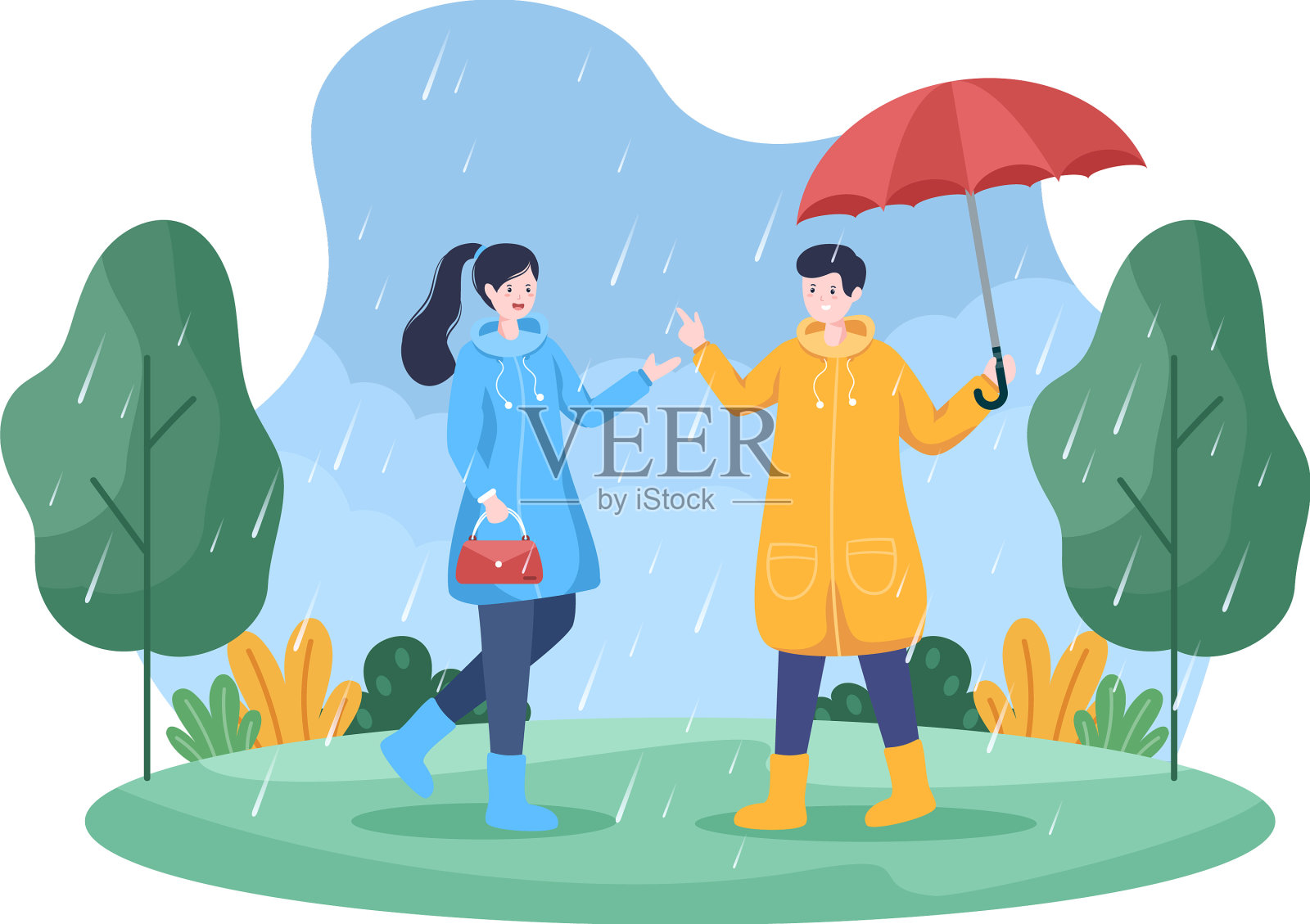 人们穿着雨衣，背着胶靴设计元素图片