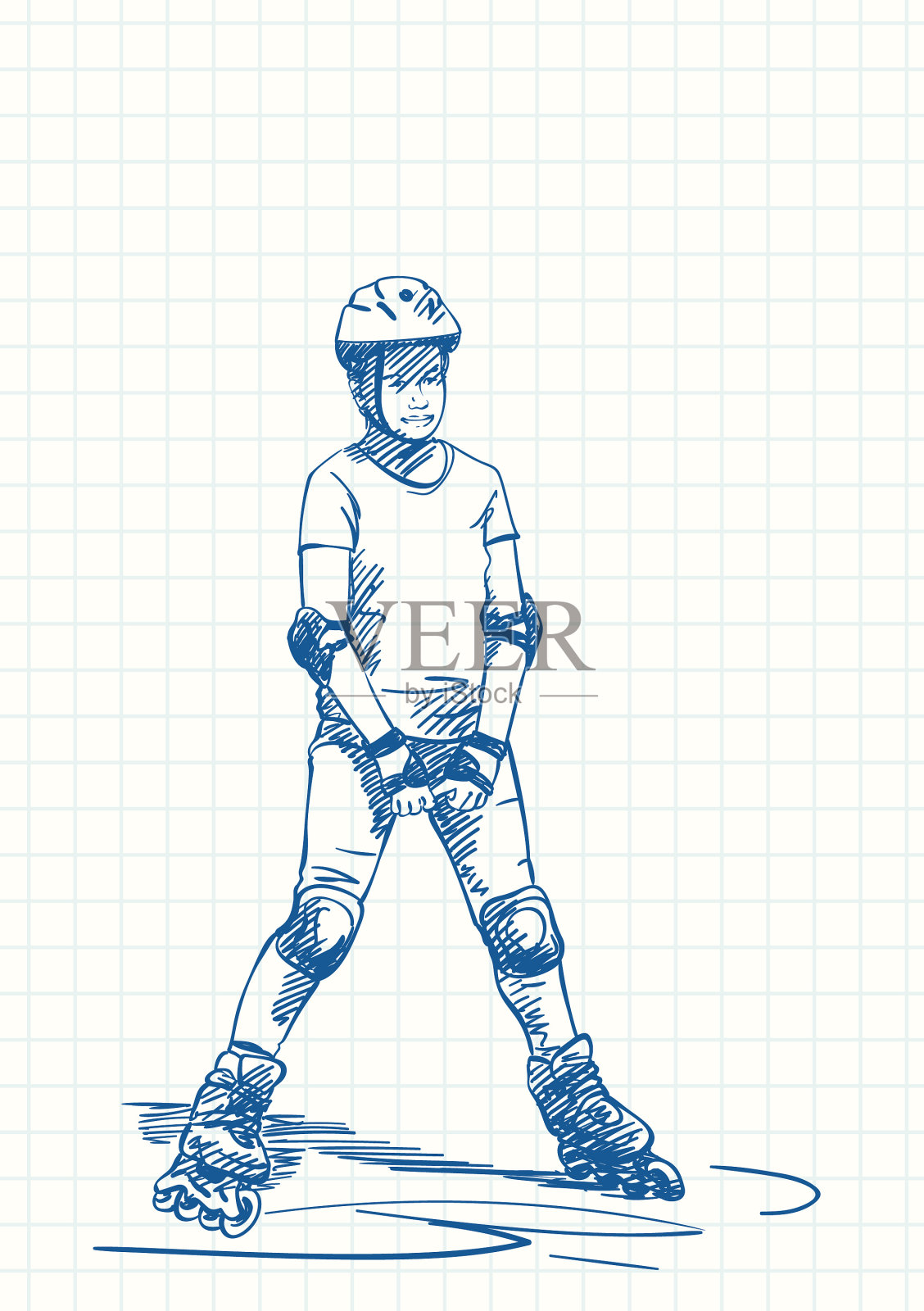 十几岁的女孩在轮滑蓝色钢笔素描插画图片素材