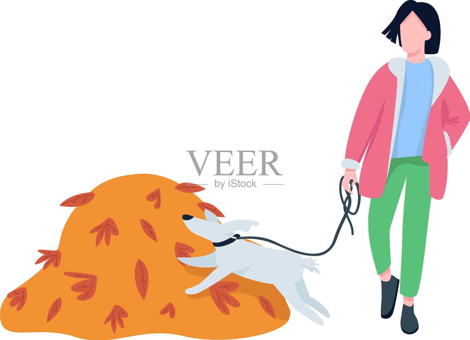 女人和宠物走在秋季半平色设计元素图片