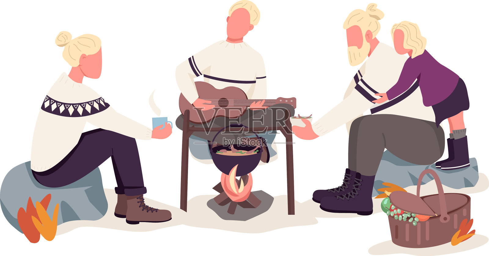 北欧家庭露营半平色人物设计元素图片